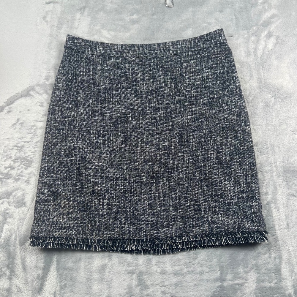 Brooks Brothers Skirt Womens 12 Navy Blue Tweed Fringed Hem A-Line Mini